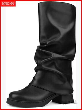 Slouchy Fold Over Booties Wide Calf Platform Chunky Heel Pull On Mid Calf